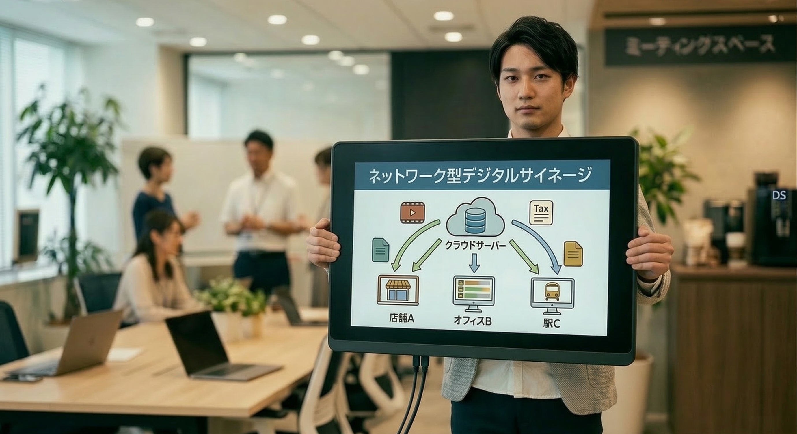 ネットワーク型デジタルサイネージを紹介するビジネスパーソン