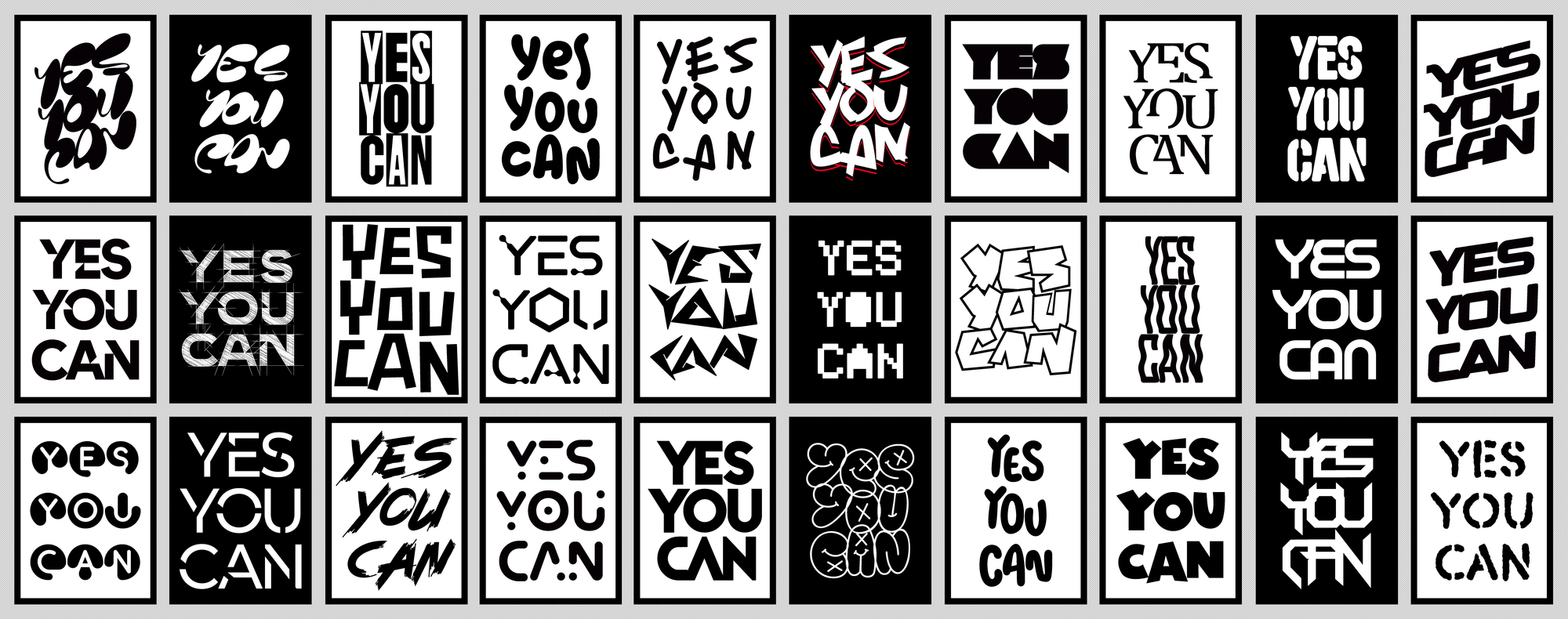 様々なフォントスタイルで表示した文字の比較グリッド