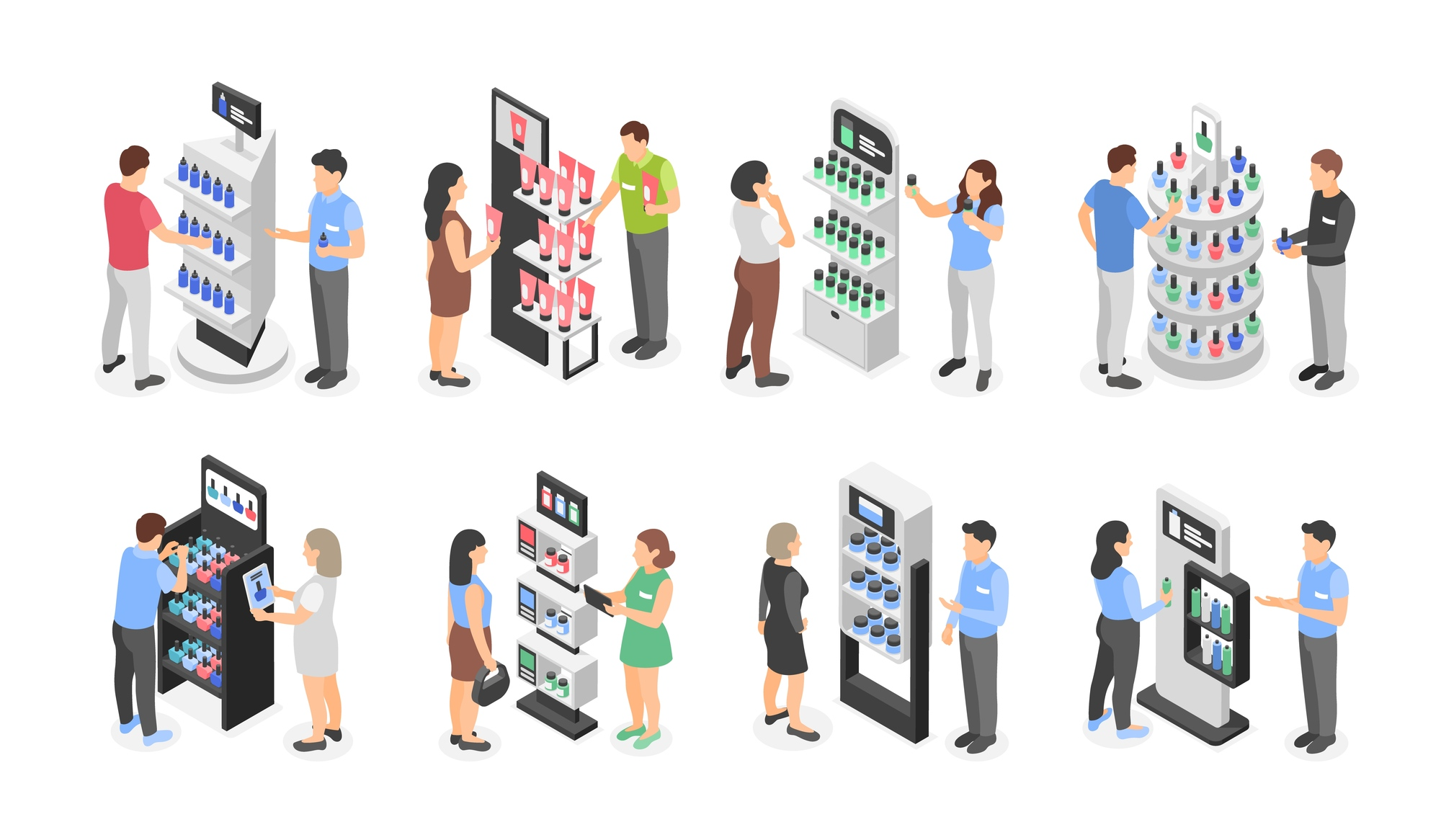 店舗でデジタルサイネージを活用する様子のイラスト