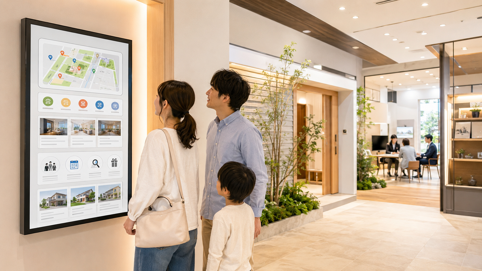 住宅展示場内でデジタルサイネージを見る来場者のイメージ