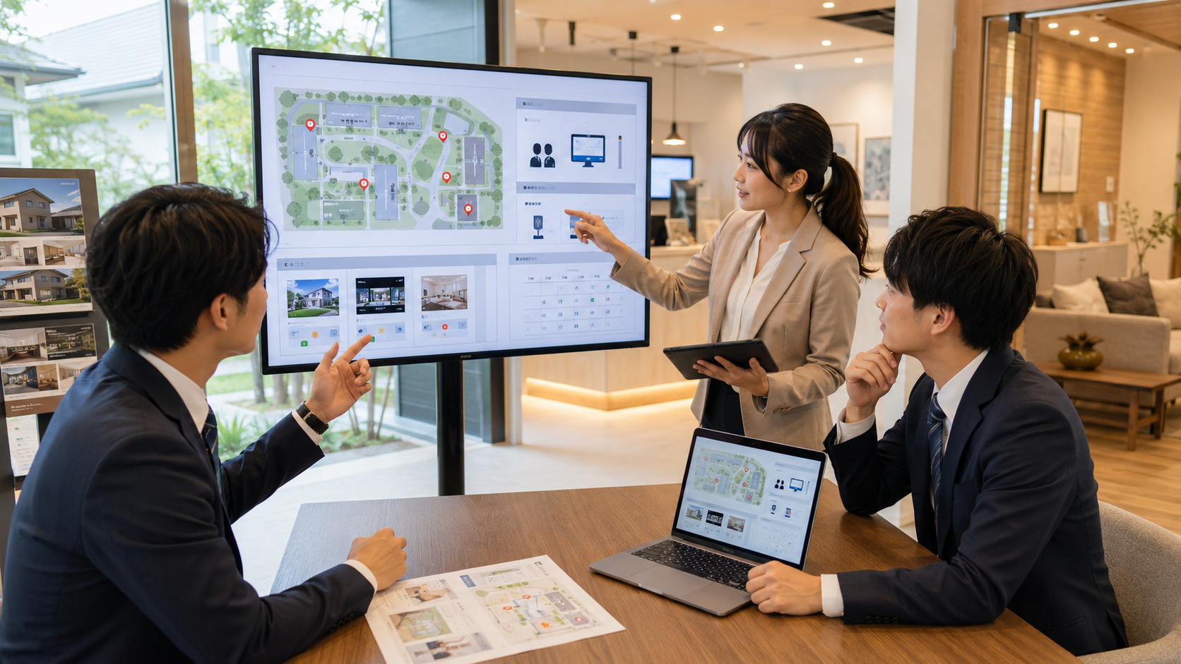 住宅展示場でデジタルサイネージを活用して打ち合わせをするイメージ