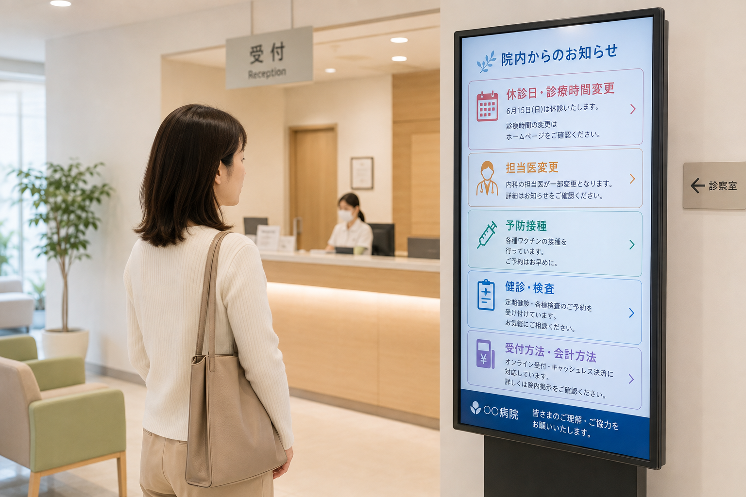 病院の受付付近でデジタルサイネージを活用するイメージ
