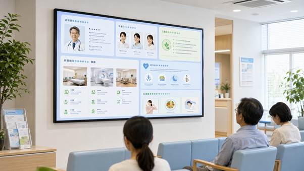 クリニックの待合室でデジタルサイネージを活用するイメージ