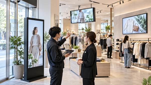 店舗内でデジタルサイネージの設置を検討するイメージ