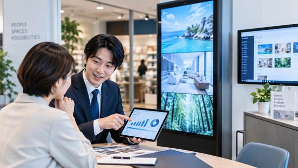デジタルサイネージの導入費用や運用を相談するイメージ