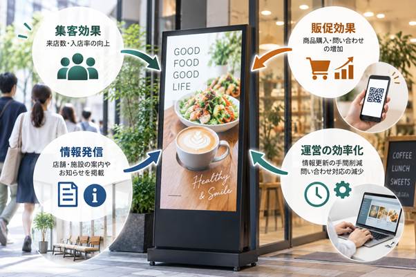デジタルサイネージによる集客・販促・情報発信・運営効率化のイメージ